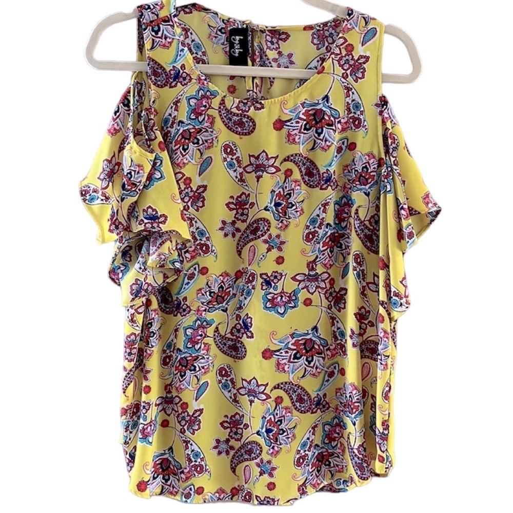 By by Women’s blouse cold shoulder short sleeve yellow multi floral size…